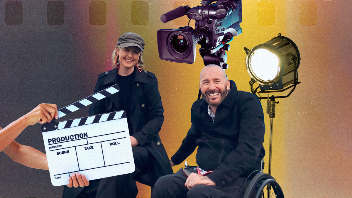 Robyn and Jai, a wheelchair-user, are smiling at the camera. Surrounding them is a clapperboard, camera and production light.