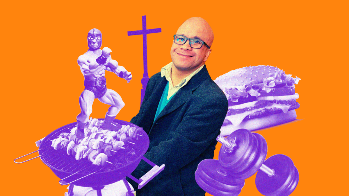 Ite is a bald man with glasses wearing a suit and smiling at the camera. His image is surrounded by a collage of a BBQ, wrestling figure, a cross, a burger and weights.