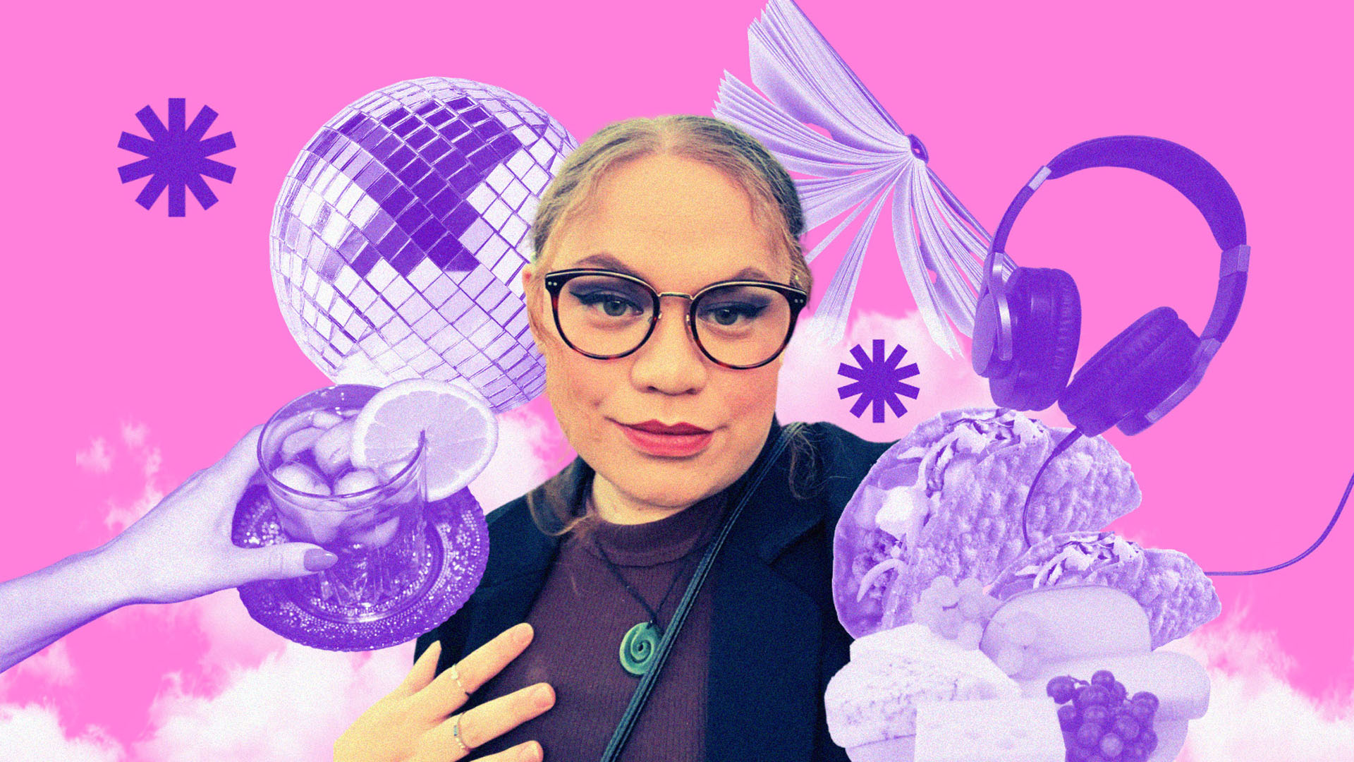 An photo of Cha'nel is surrounded by creative graphics, including imagery of a disco ball, headphones and a book.