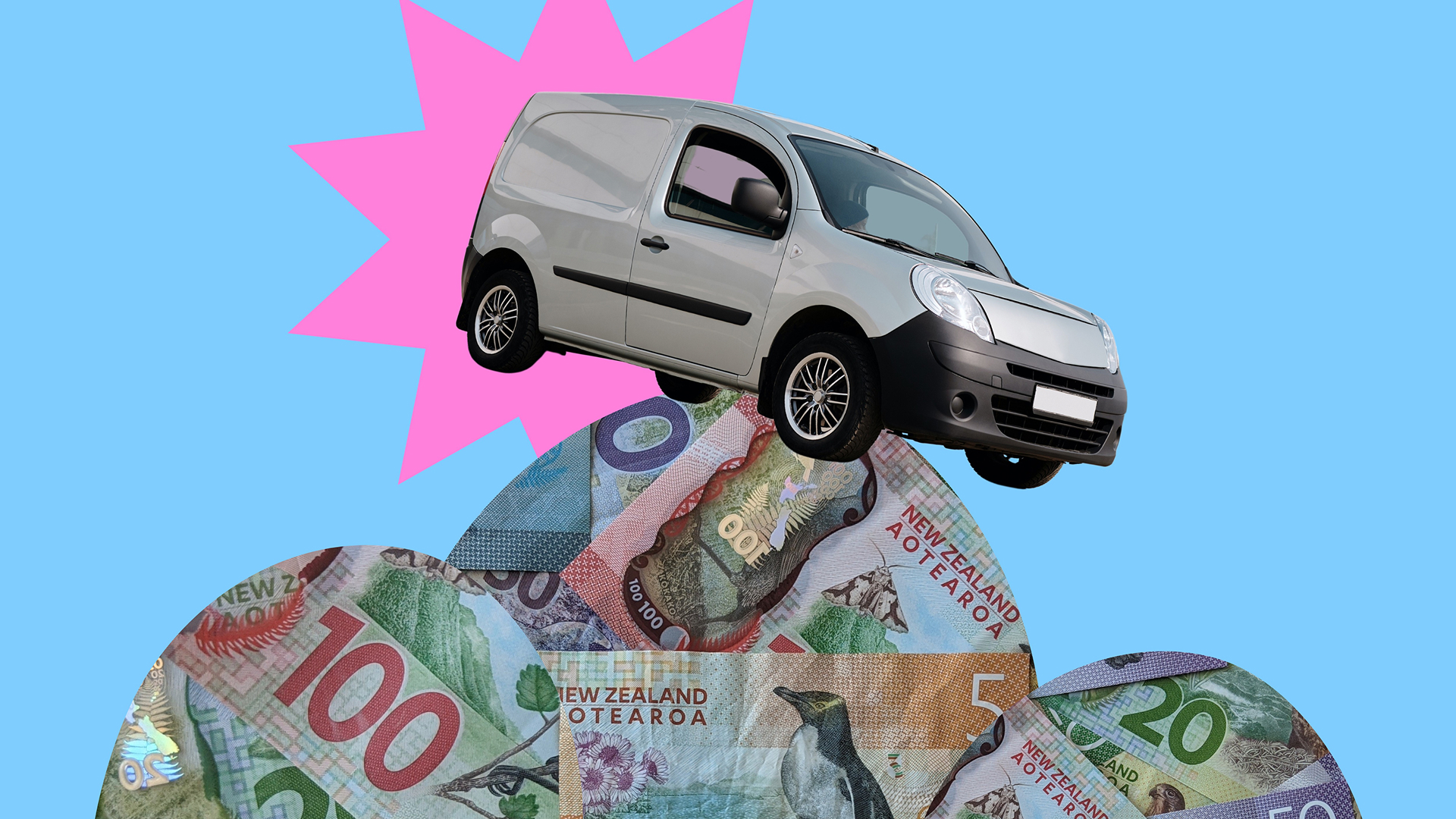 A mobility van is pictured on top of a pile of cash, with a pink star burst in the background against a blue backdrop.