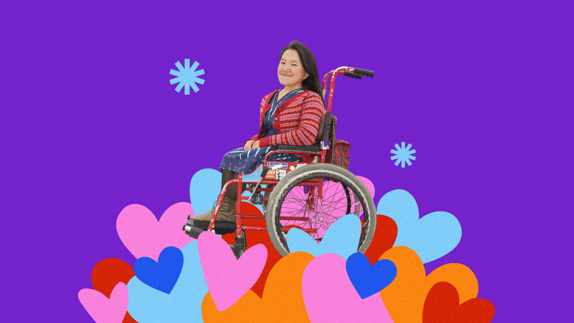 Umi Asaka is a wheelchair user and smiles at the camera, surrounding her are colourful hearts against a purplse background.