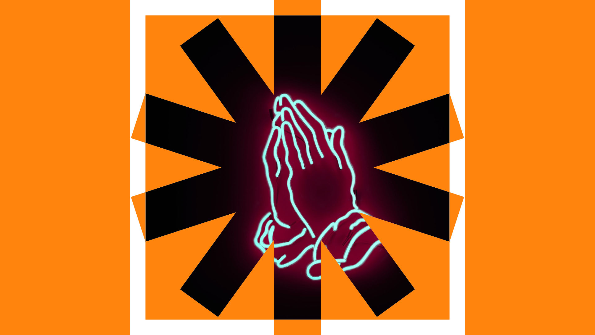 An outline of praying hands in a black star with an orange background