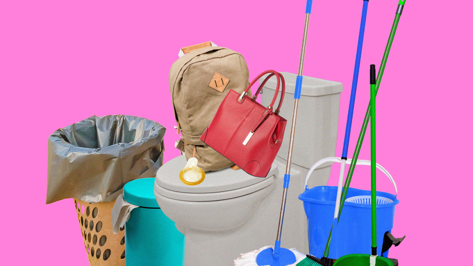 A collage image with a toilet, handbags, a rubbish bin, condoms and mops - against a pink background