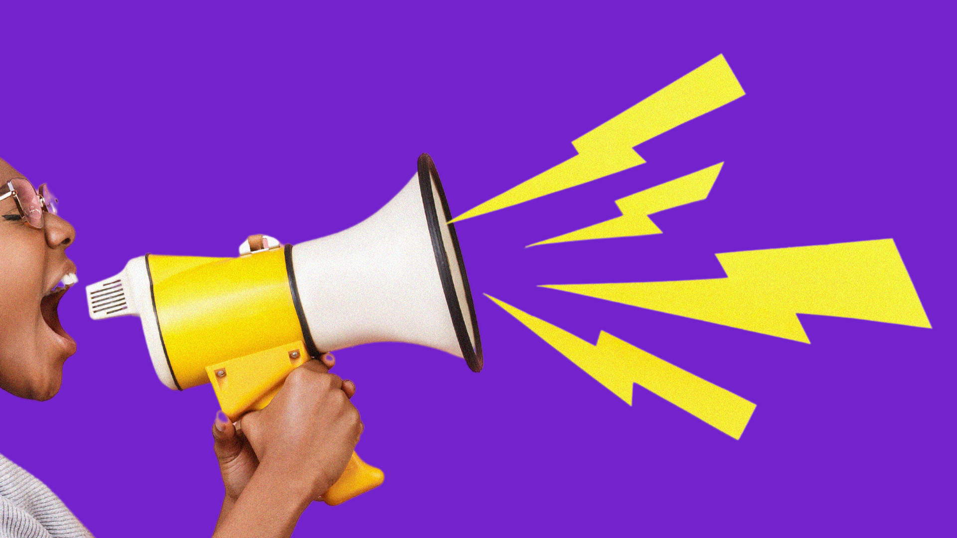 A person yells into a mega phone and yellow lightning strikes come out