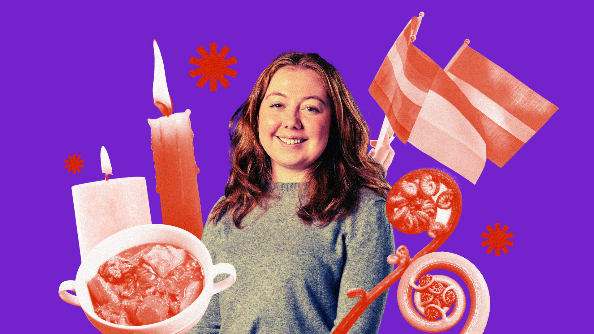 Image description: Beth is a 22-year-old with red hair. Their image is surrounded by a collage of stew, candles, pride flags and a koru silver fern.