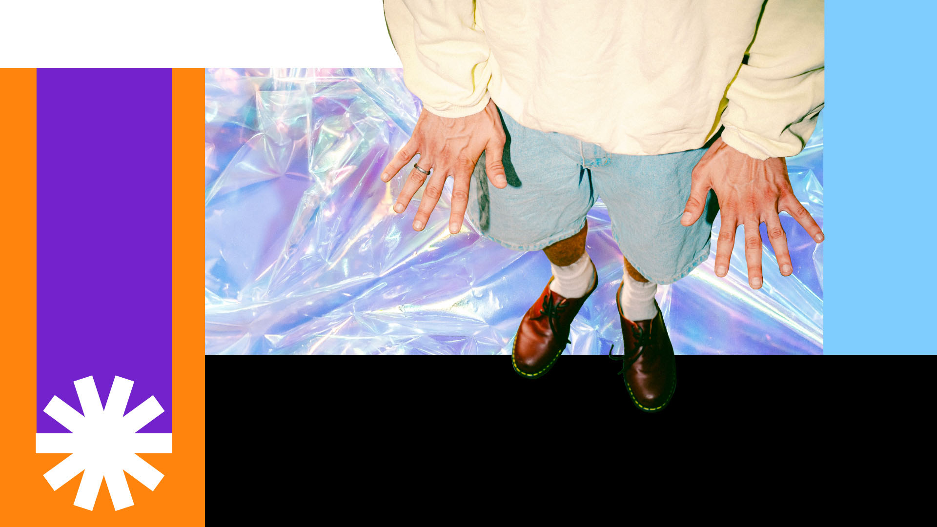 A person's hands and feet with a cellophane background. There are orange, purple and blue block colours surrounding the image
