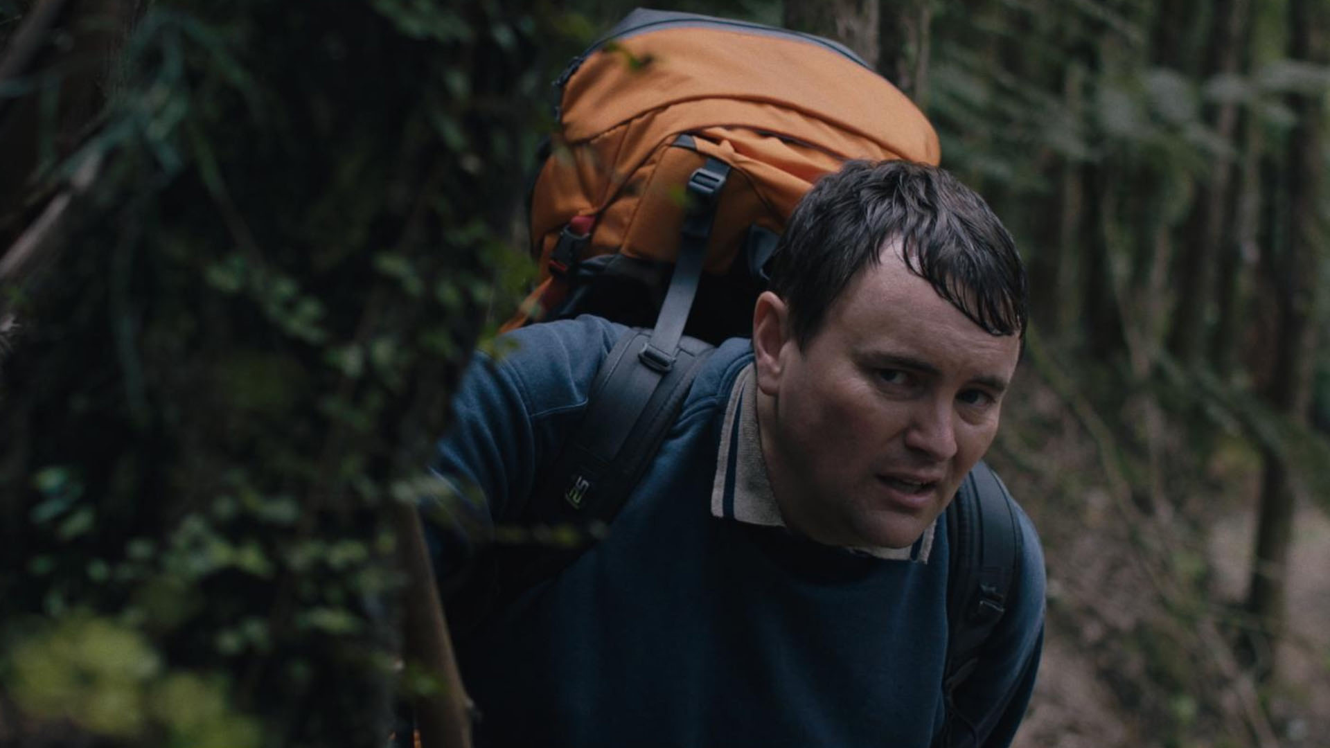 Image description: An image from the file Loop Track featuring Tom Sainsbury. He is looking around the corner from behind a tree in a blush setting, wearing an orange backpack.