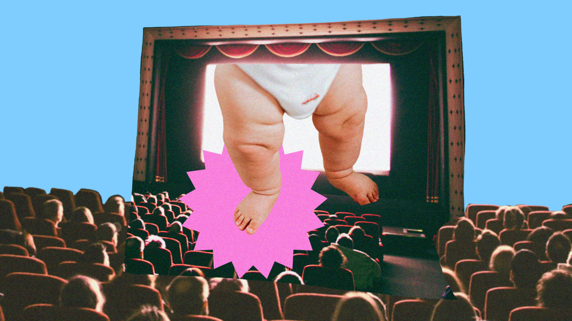 Image description: Baby feet are walking out of a screen into a movie theatre full of people. There is text that reads: Tell me about it