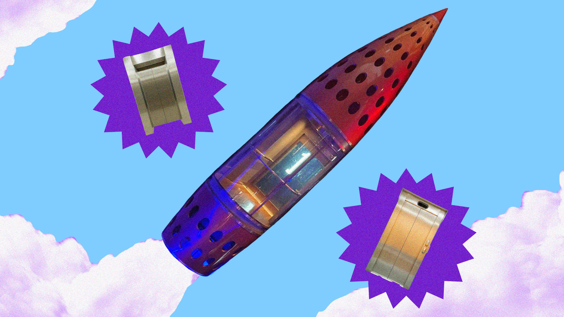 A collage of lifts are blasting through the sky, backed with purple stars on a blue background. 