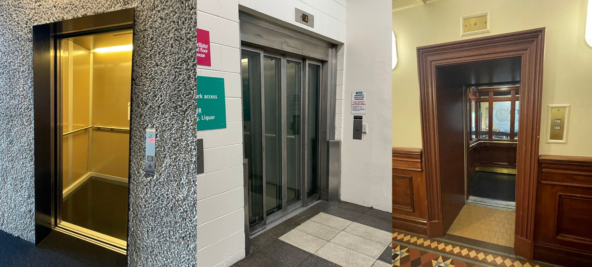 A composition image of the Royal Society lift covered in wool, the massive lift at Moore Wilsons and the wooden framed 'ye olde posh' lift at the Old Bank Arcade.