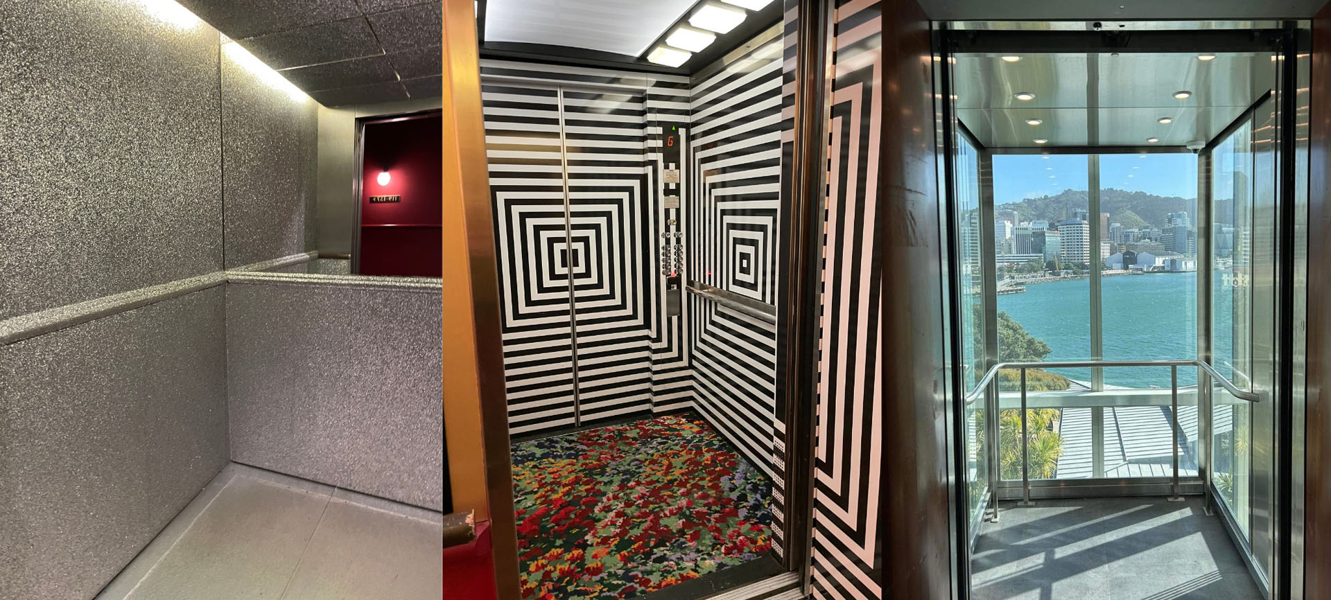 A composition image of the glitter lift and black & white lifts at Naumi Hotel, and Te Papa glass lift.