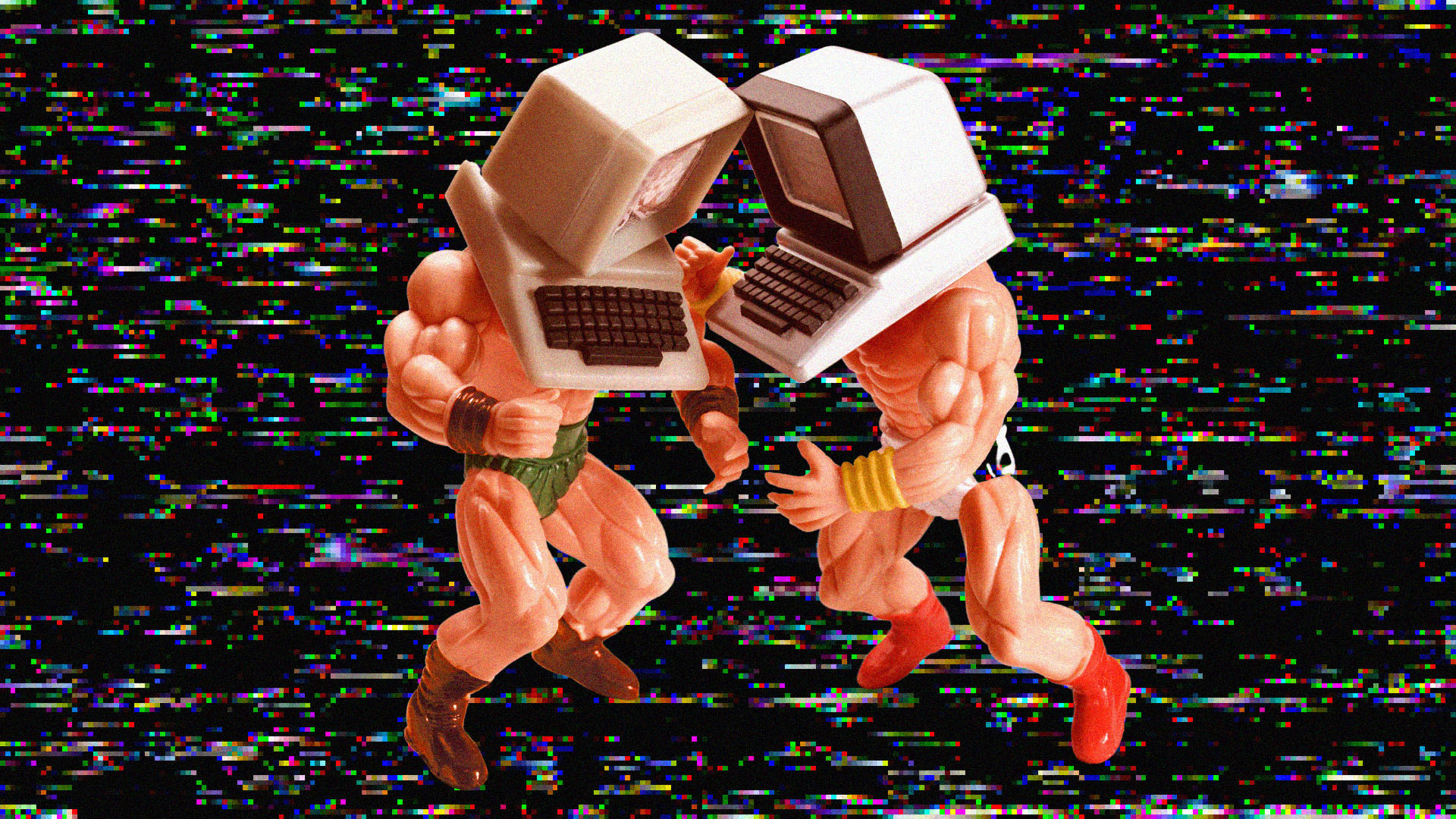 Two wrestler figurines with retro computers as heads are fighting. A digital-1980's video game background is behind the figures