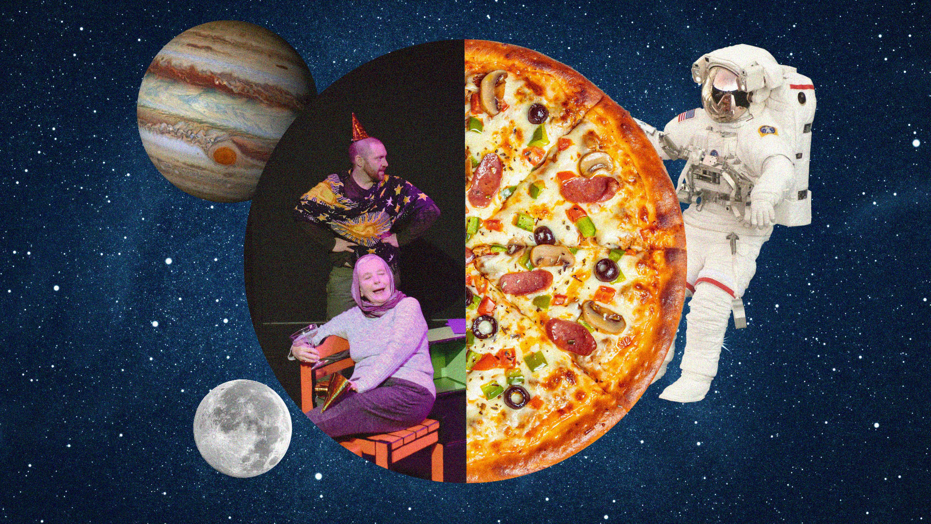Image description: Half a pizza with mushrooms, salami, olives and cheese as toppings, with performers on stage making up the other half of the pizza. In the background is a space scene with an astronaut and planets.