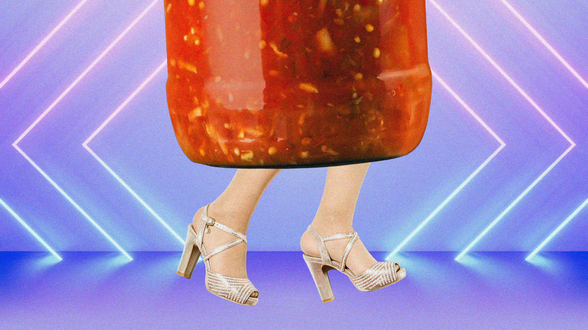 A jar with a mysterious substance and legs coming out underneath, with the feet in sparkly high heels. The background has pink and blue neon lights.