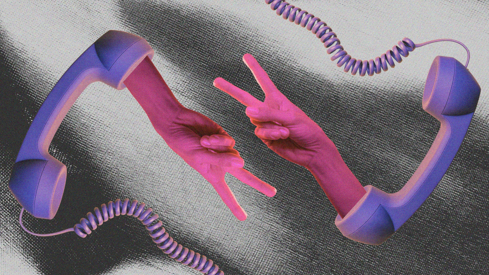 Two pink-coloured hands showing a 'peace' sign are in the centre of the image and coming out of purple-coloured retro phones.