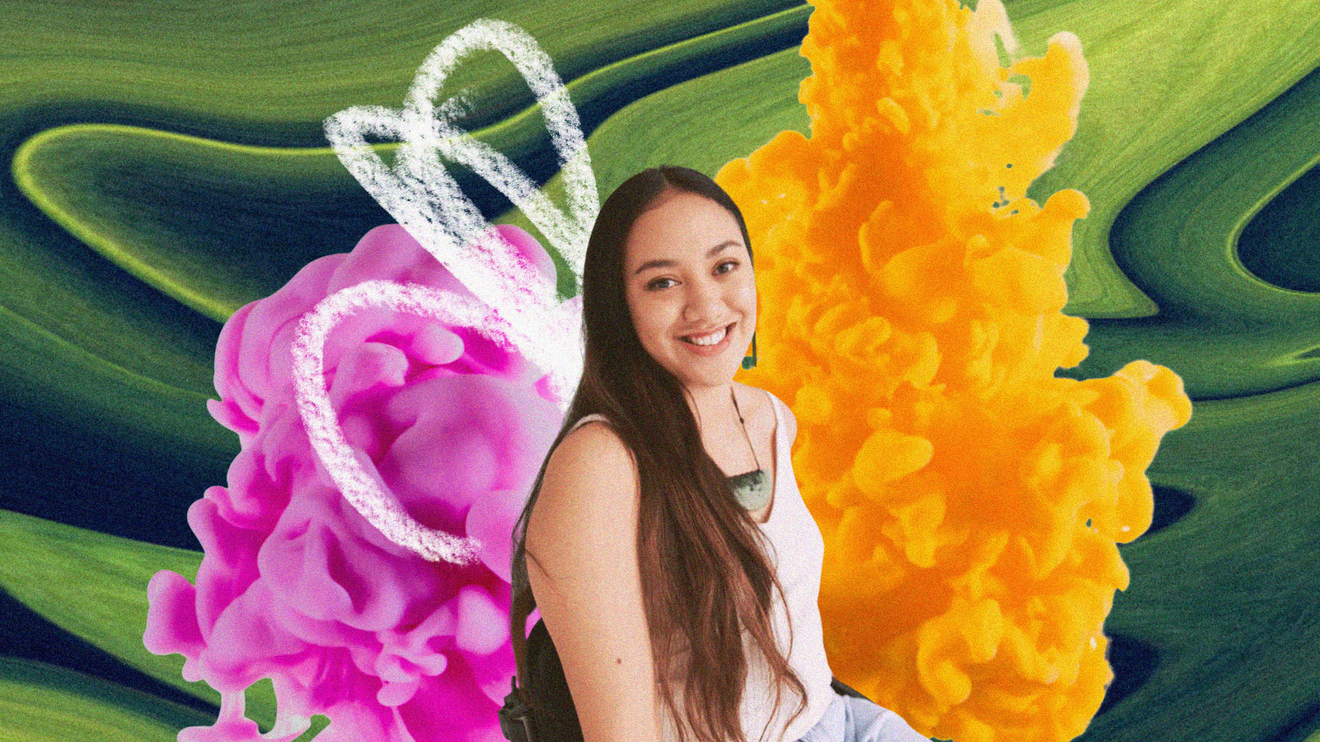 Chelsea is a Māori woman with long brown hair. She is wearing a white singlet and a pounamu necklace and sits in a wheelchair in front of a colourful background.