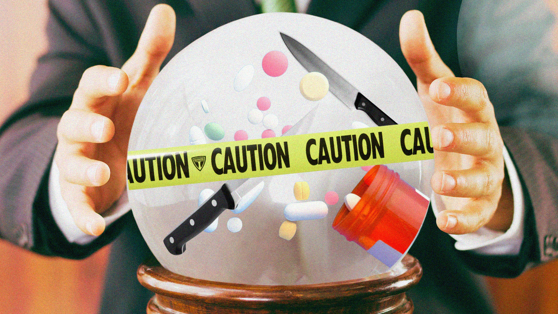 A crystal ball predicts the future - there are pills and knives floating around with caution tape wrapped around the ball. 