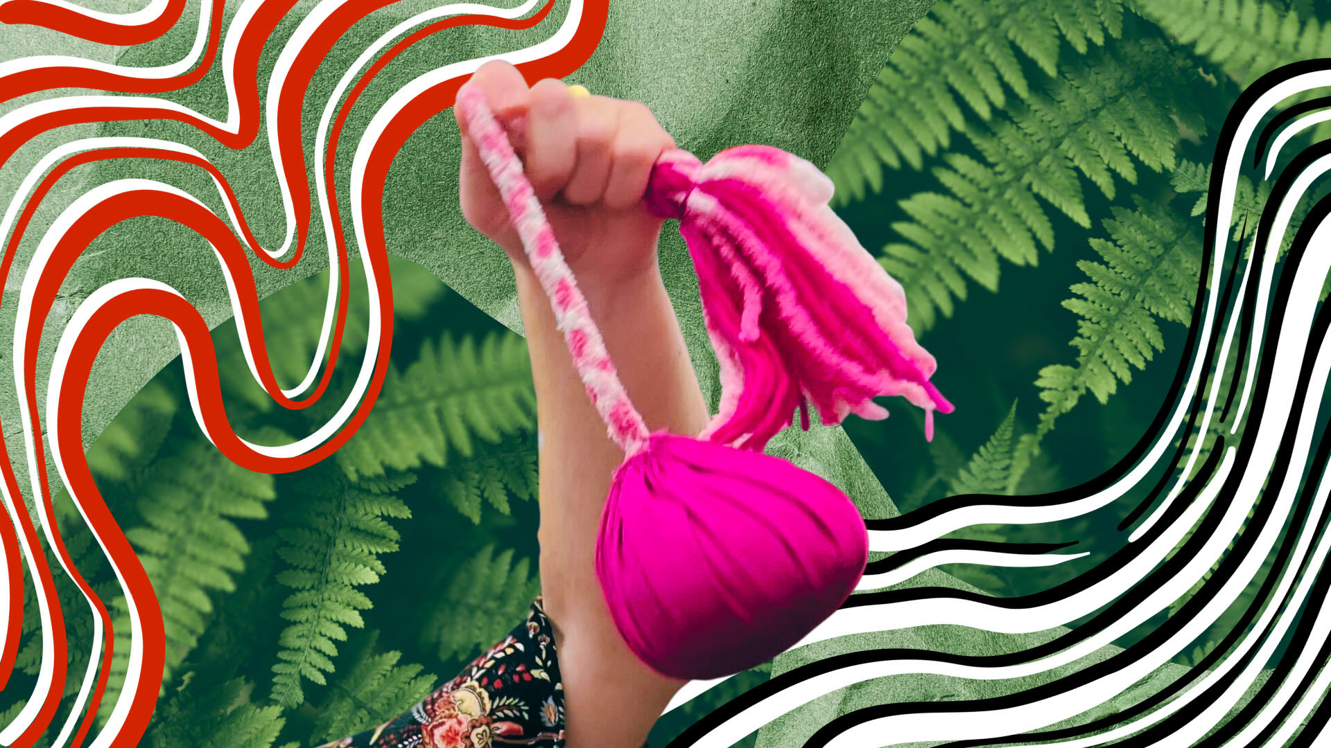 A pink poi is held in the air with a green background of fern leaves. There are red, black and white graphics surrounding the poi.