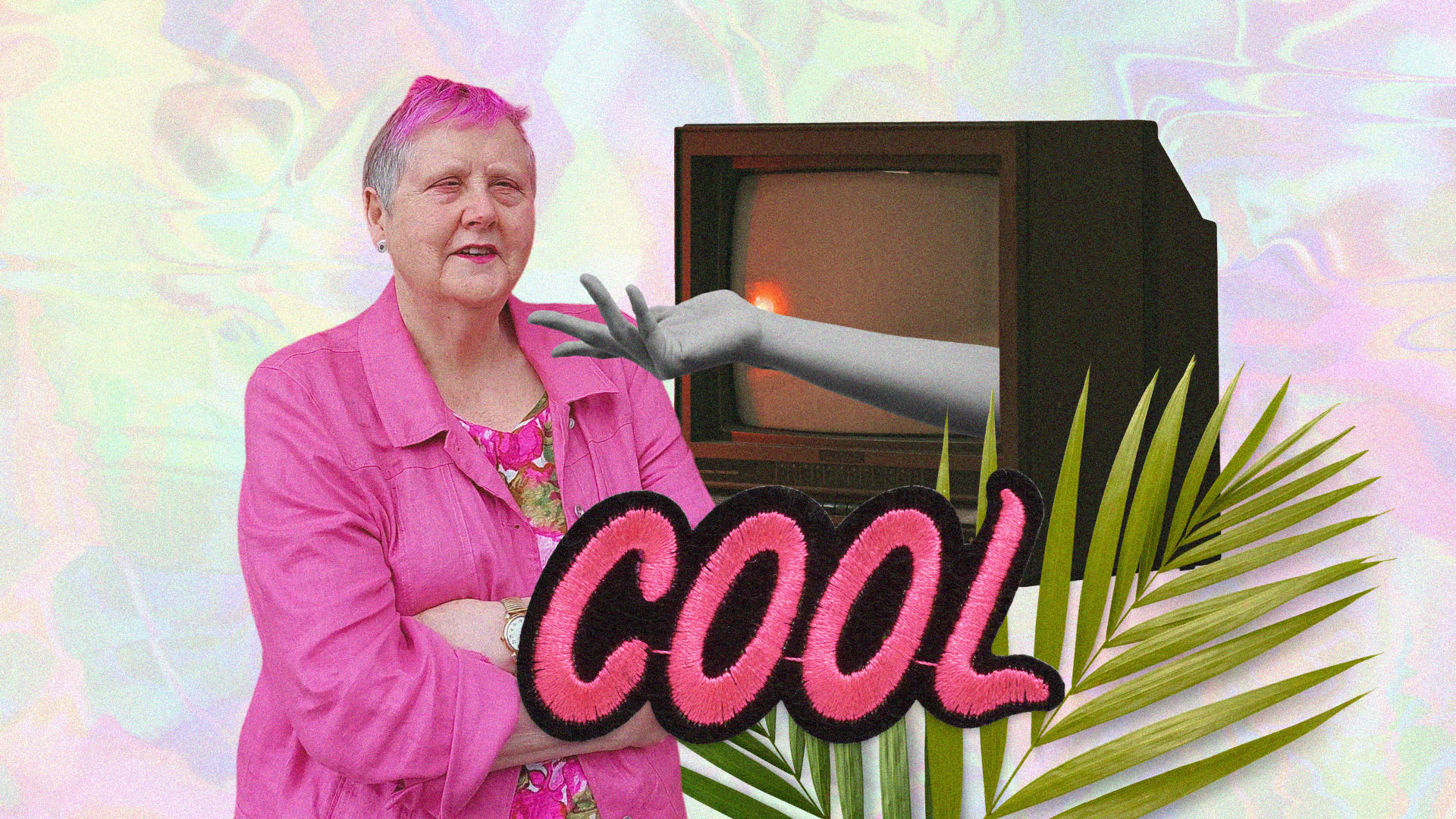 Robyn Hunt has short pink hair and wears a bright pink blouse. She is among a collage of a TV with a hand coming out, some green palm leaves and the word COOL. 