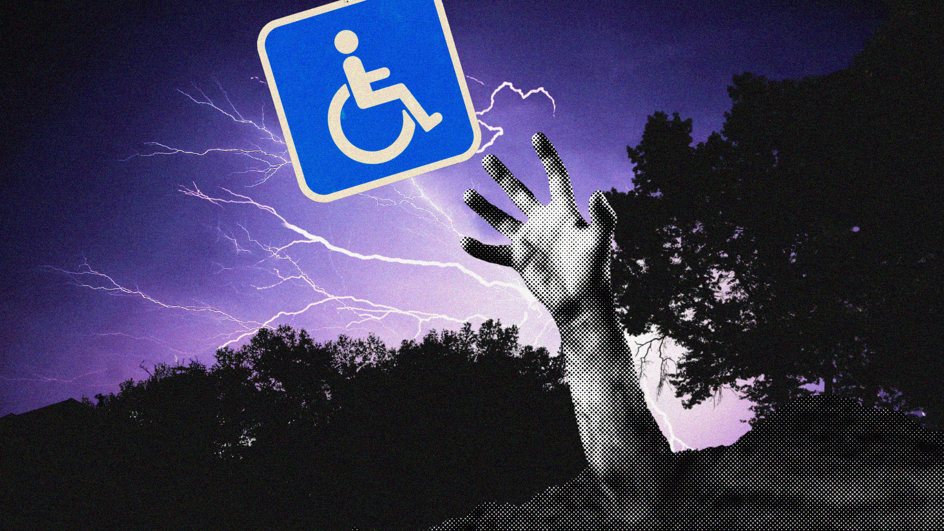 A pixelated hand comes out of the ground from a grave and reaches for a mobility wheelchair symbol. In the background are dark trees and lightning