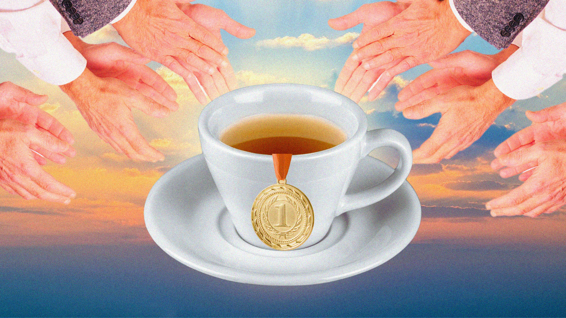 A cup of tea rises above the clouds and wears a 1st place medal, with hand clapping in the background.
