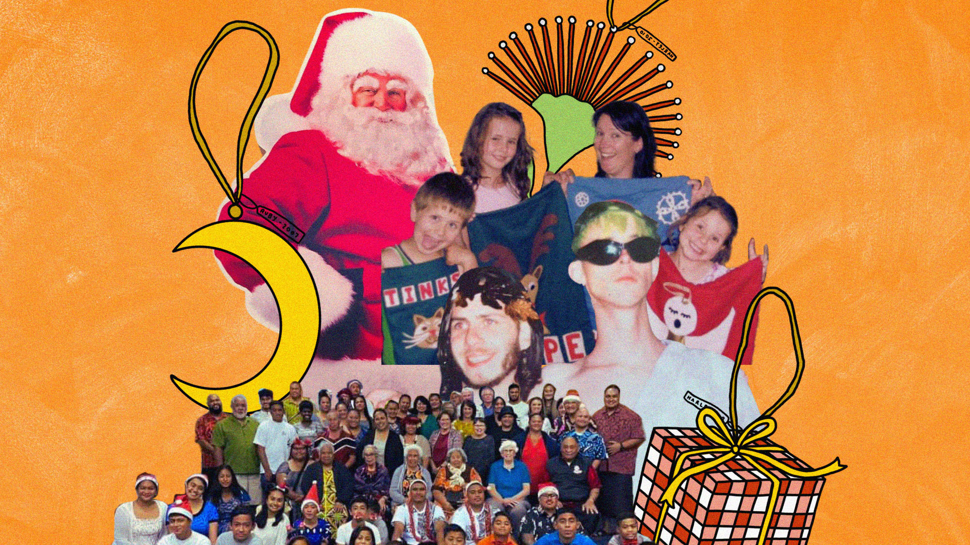 A collage of D*List contributors and their whānau, alongside Santa and Christmas ornaments