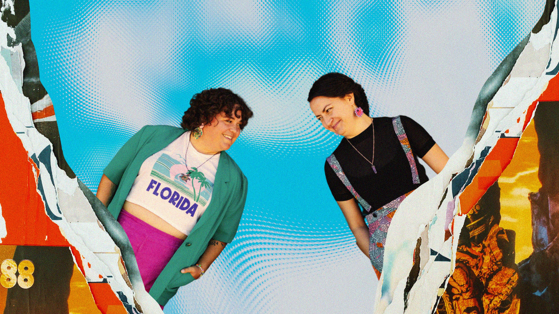 Jamie and Charlie are two women with short brown hair wearing bright-coloured clothing, coming out of ripped magazine pages
