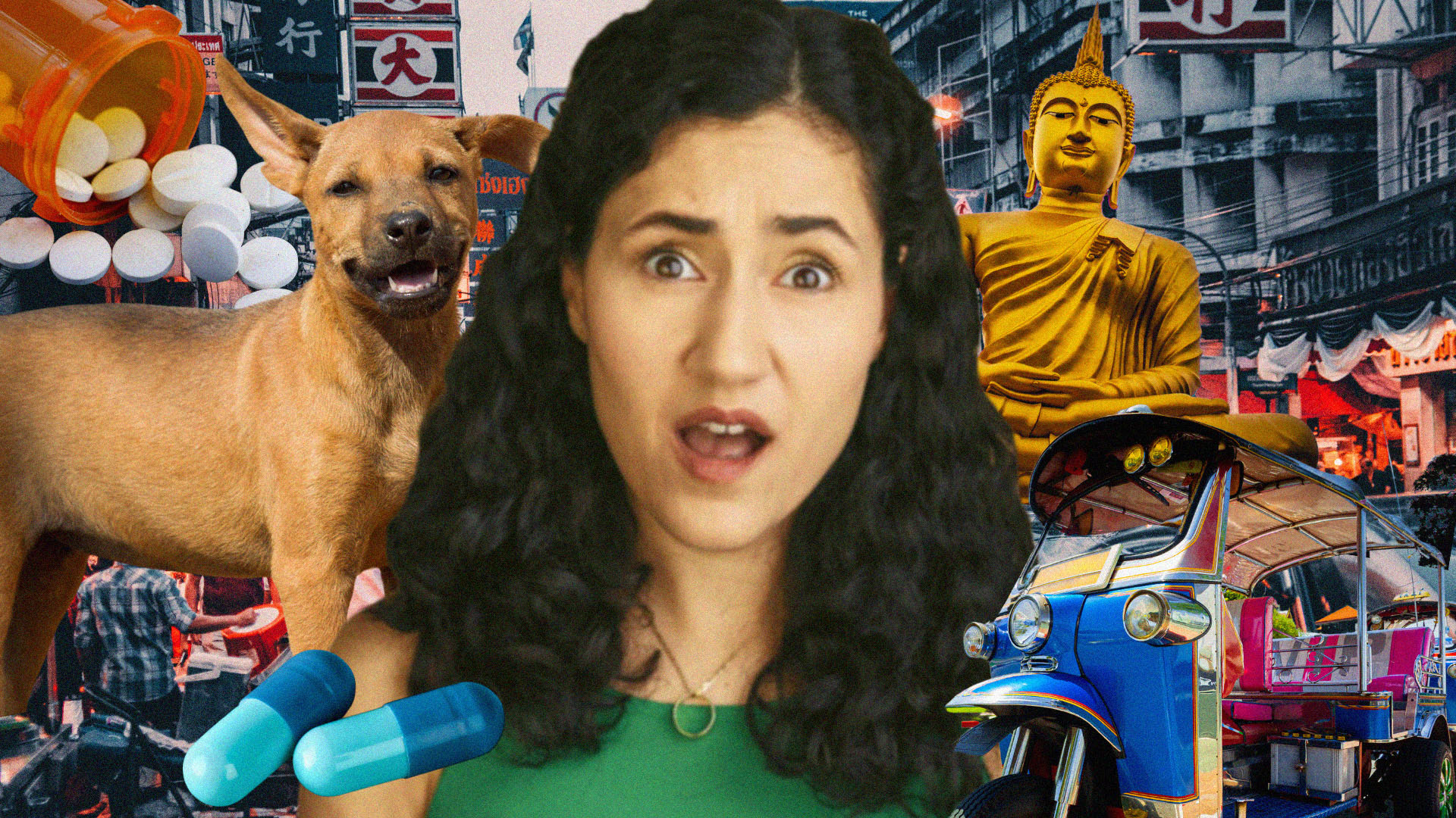 Jess is a South-Asian woman and looks shocked at the camera; in the background is a dog, buddhist god statue, pills and a tuk tuk.