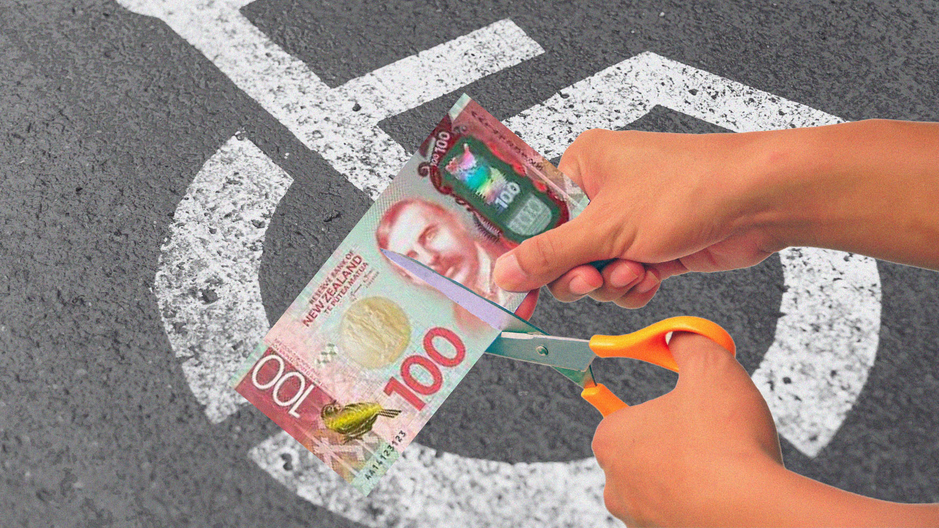 A $100 is cut in half with scissors. A wheelchair logo is in the background.