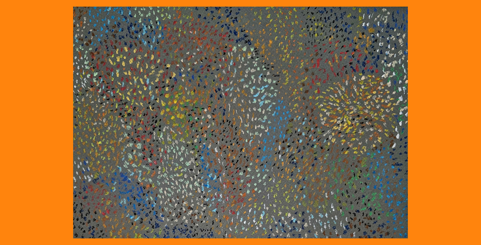 Semi-pointillism abstract art depicts different coloured dots against a dark background.