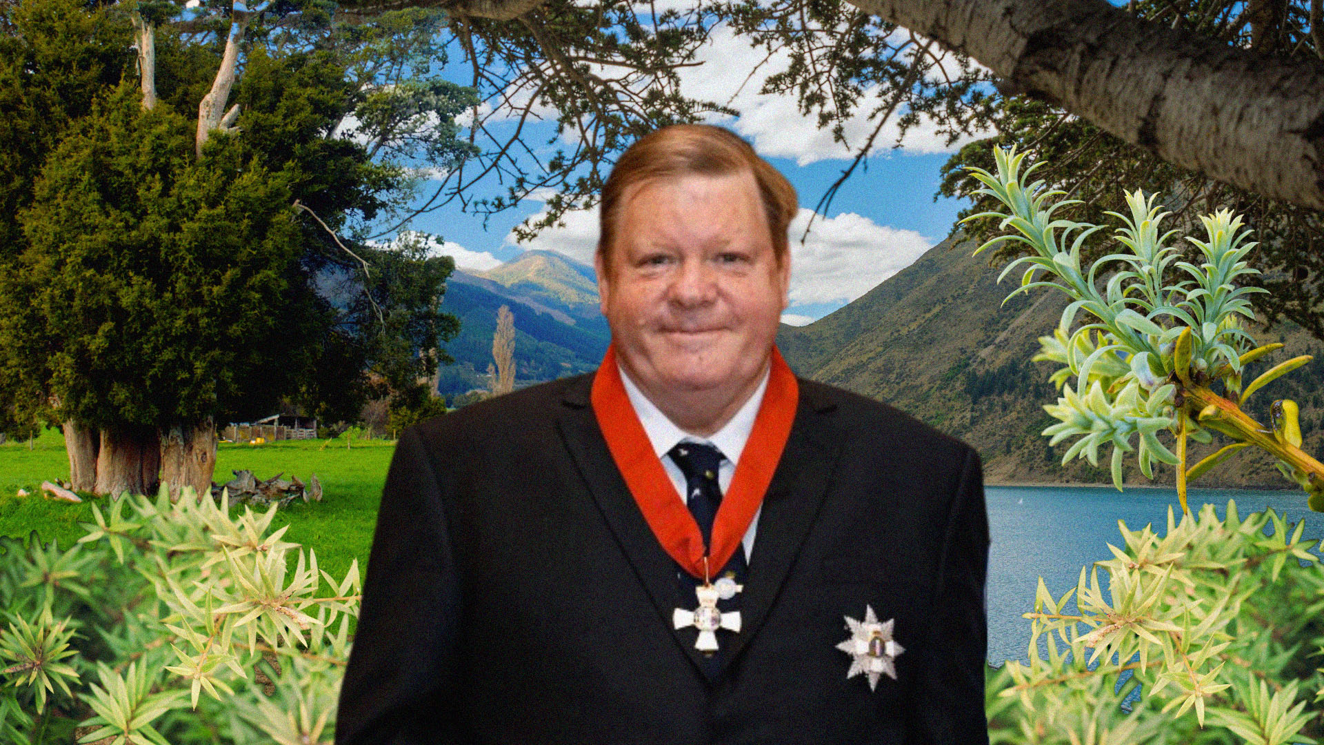 A photo of Sir Robert Martin pictured during his New Zealand Order of Merit ceremony, in front of a collage of totara trees.