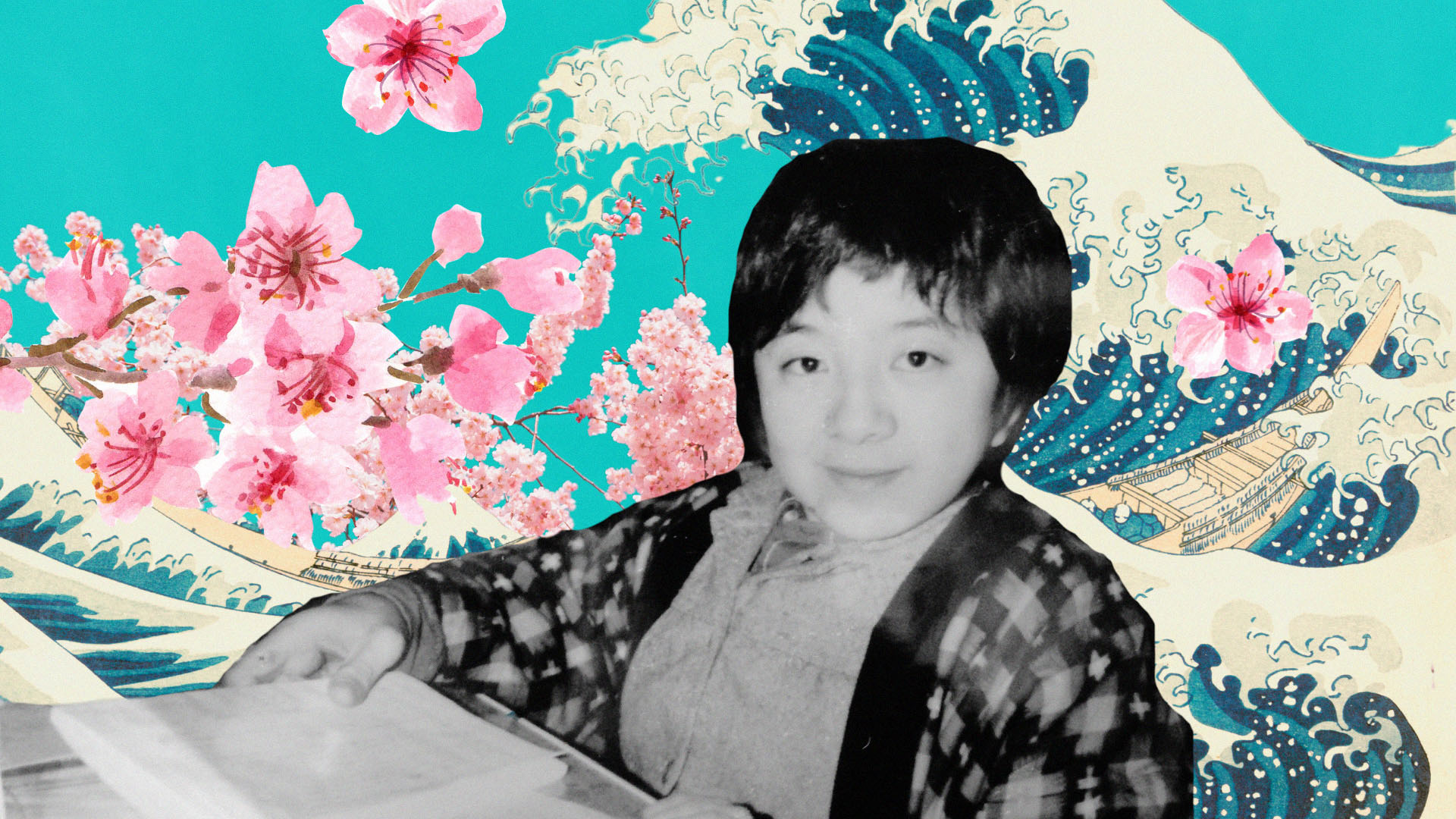 Yuho Asaka is pictured in a black and white photo, with cherry blossoms and waves in the background.