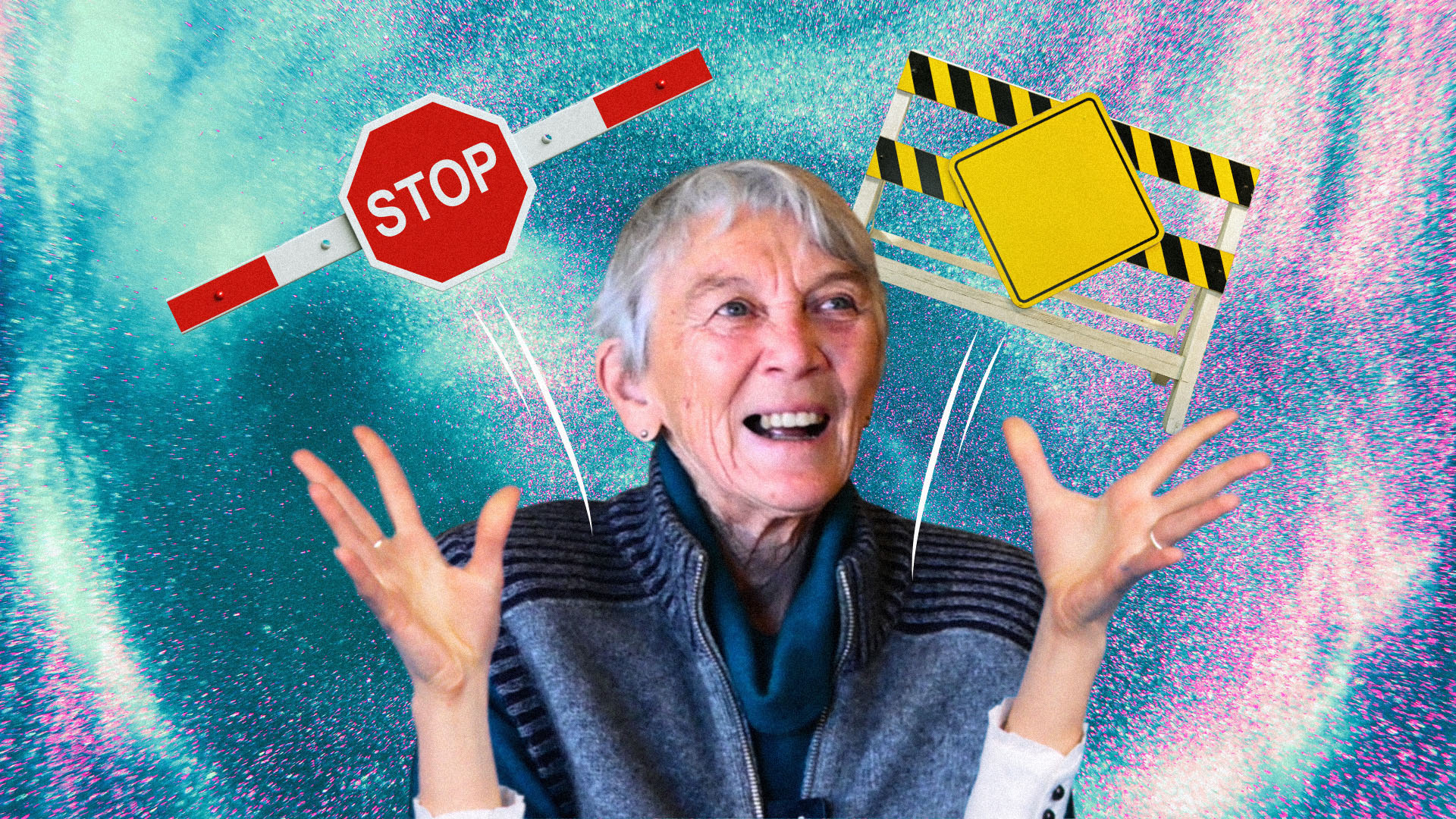 Vivian Naylor is a Pakeha woman with grey short hair. Her face expresses excitement. Two hand are thrown up, with 'stop' and barrier signs behind her.