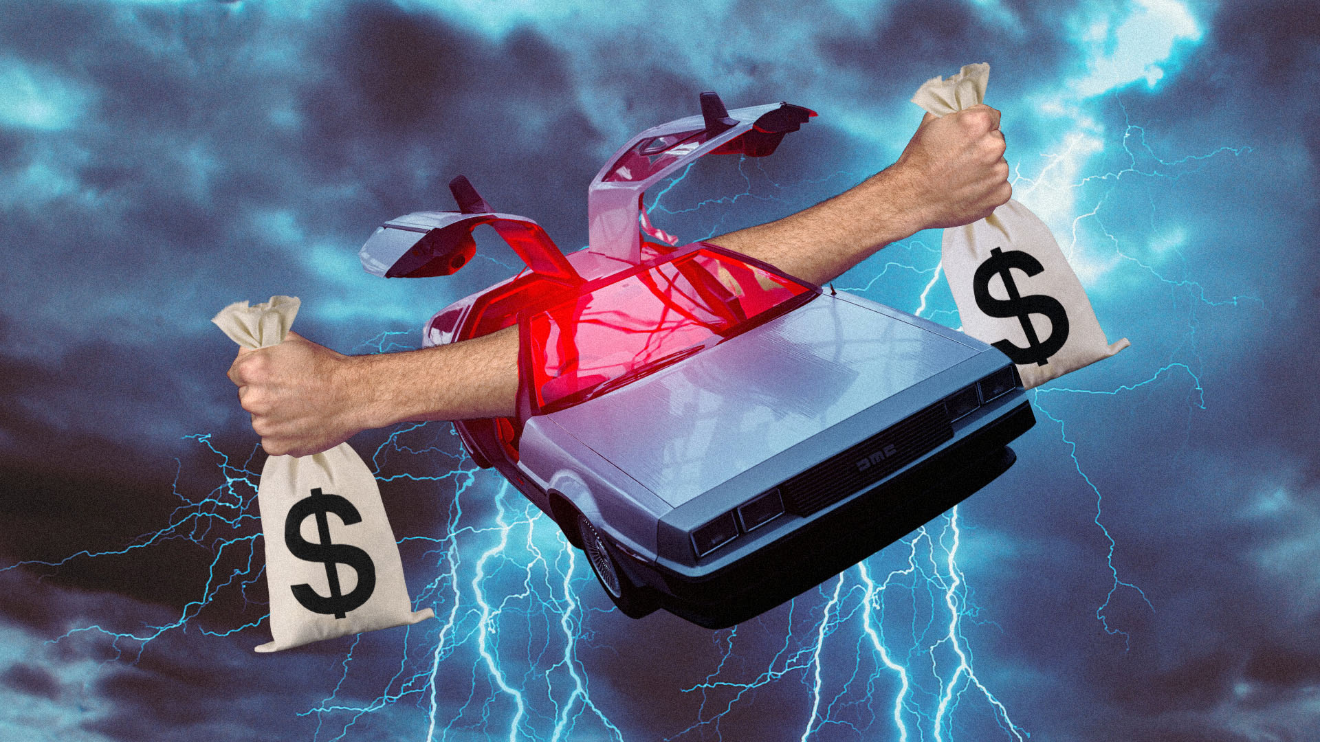 A Back To The Future car with red windows and lightning in the background. Two hands carrying money bags come out of the car.