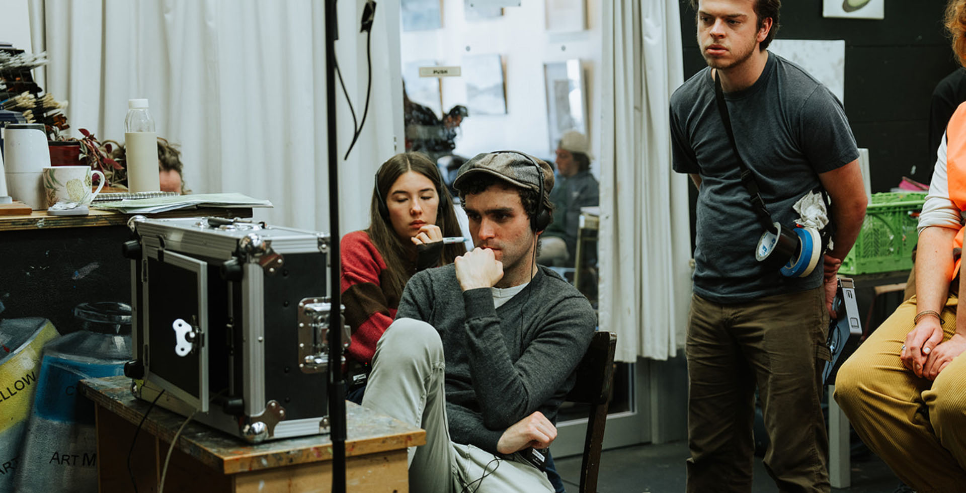 Emily McVicar (left, NFP) Ricky Townsend (centre left, Director) Jasper Sutcliffe (centre right, 2nd AC) on the set of Wilbert Wire.