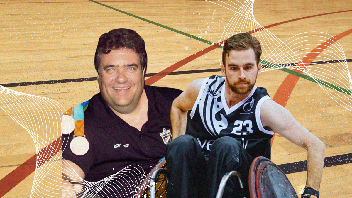 A composite image of Grant Sharman and Gareth Lynch pictured with medals and playing wheelchair rugby.