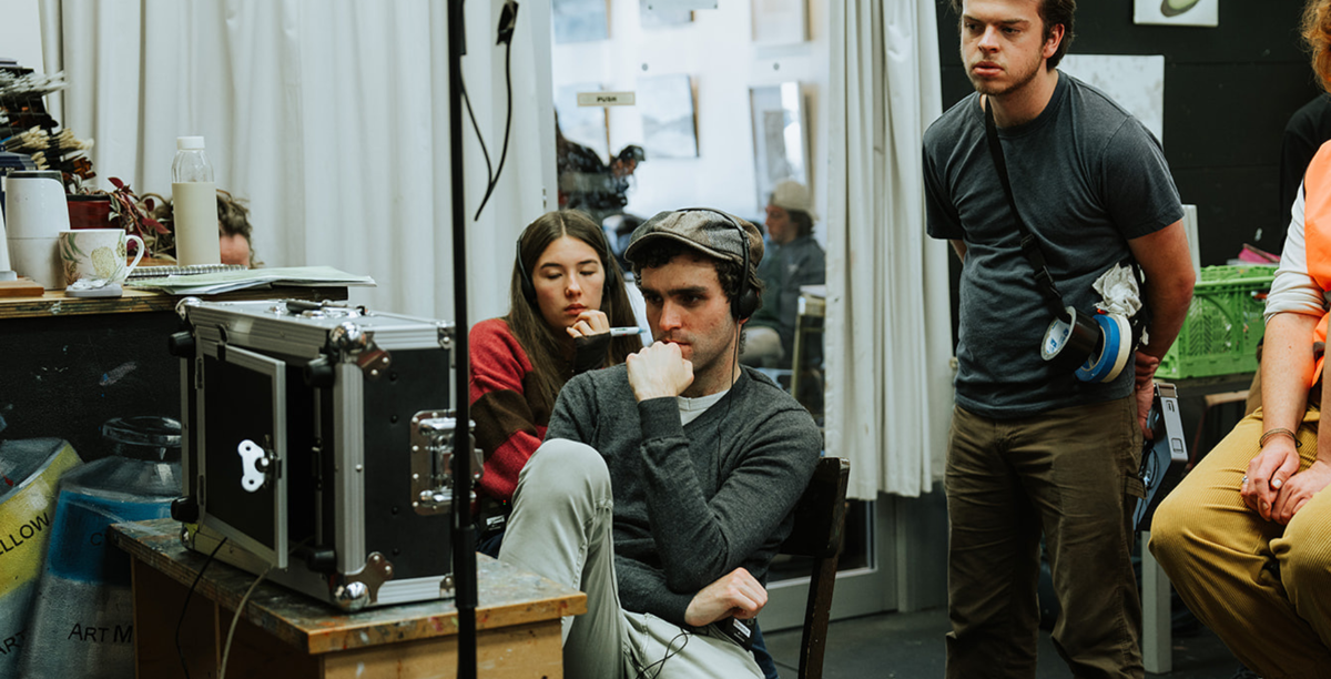 Emily McVicar (left, NFP) Ricky Townsend (centre left, Director) Jasper Sutcliffe (centre right, 2nd AC) on the set of Wilbert Wire.