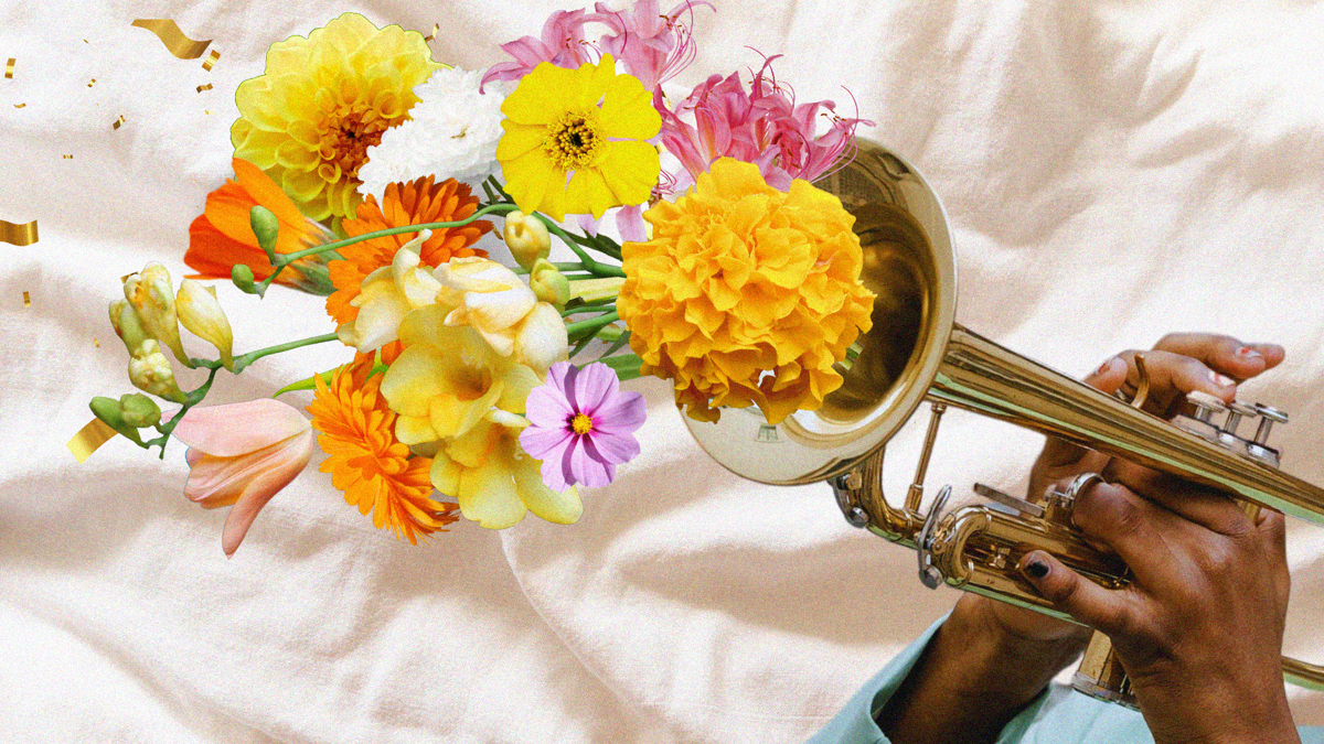 A graphic made up of a bright bouquet of flowers and gold tinsel emerge from a trumpet.