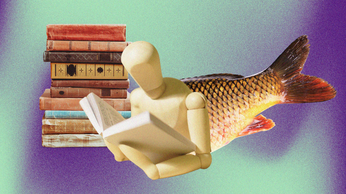A wooden figure of a person with a fishtail is reading a book inquisitively. There is a pile of books and a blue and green dreamy background. 