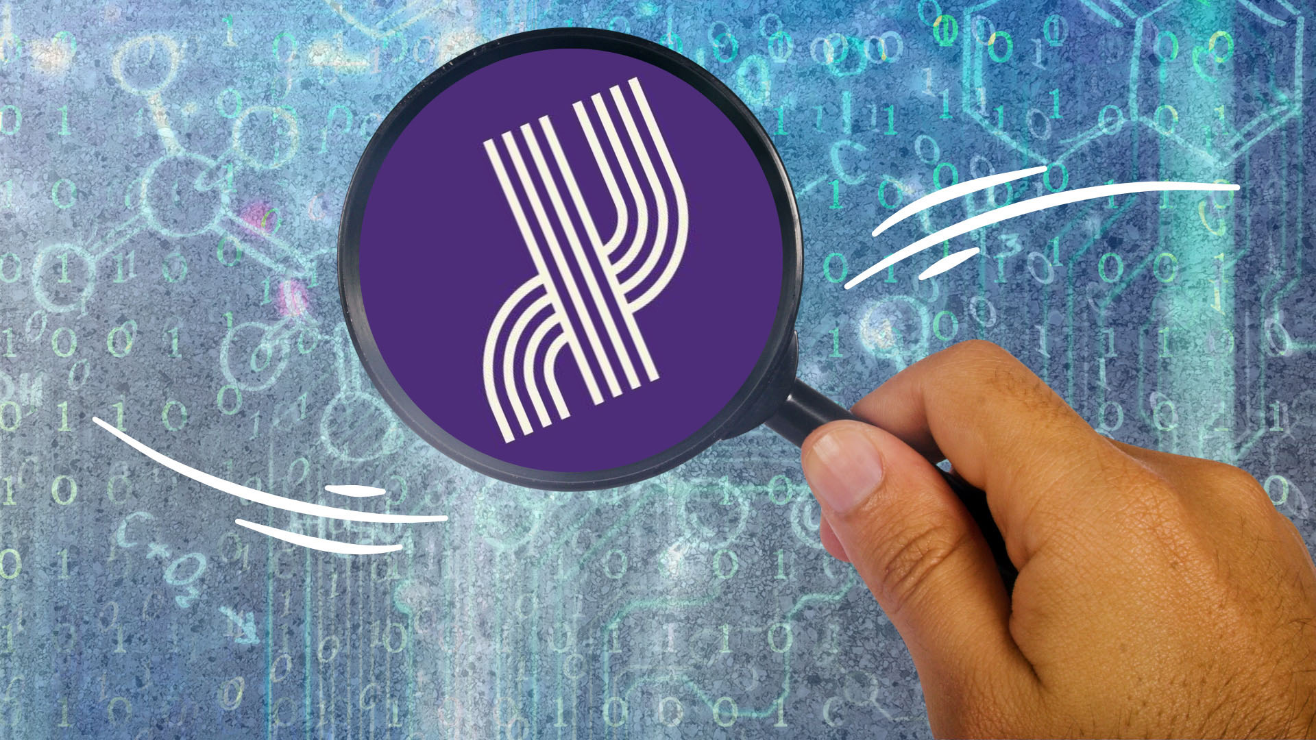 A hand holds a magnifying glass zooming in on the Whaikaha logo, with a chemistry scientific background. 