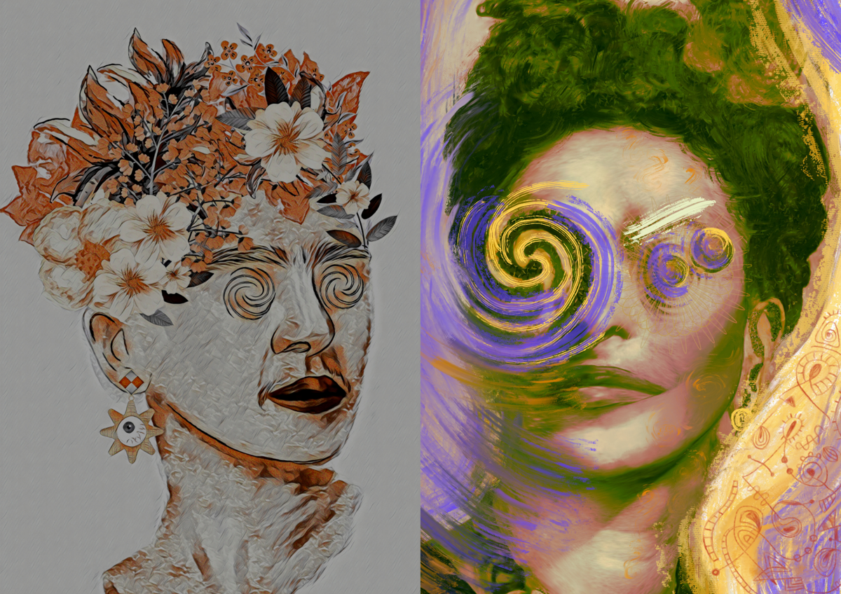 A composition image of Noell's art showing two female faces, one has flowers in her hair and the other has a spiral over her face.