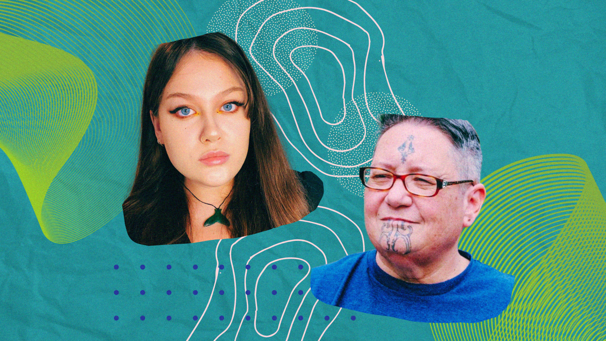 Noēlle is a young Māori wahine and wears a green ponamu, and Dr Huhana wears glasses and tāmoko. Their faces are pictured in front of an abstract green background.