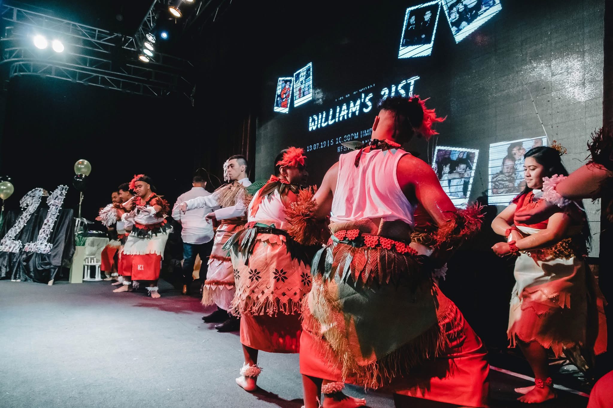 Will and his cousins in Tongan attire doing a faiva at his 21st Birthday party. 