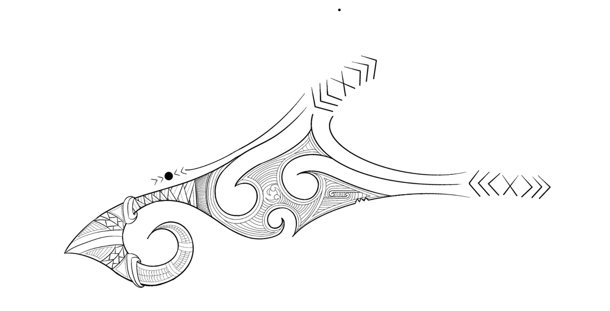 A stencil of a tāmoko shows a hook with detailed patterns and carving shapes.