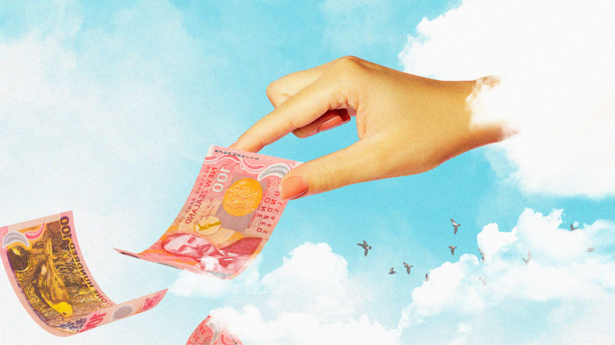 A hand comes out of a cloud and grabs a $100 note.