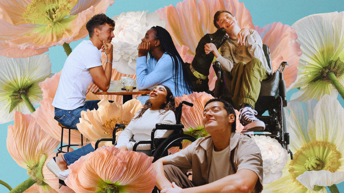 A collage of of people, some with visible disabilities, smile in a state of peaceful happiness. There are pink and white flowers surrounding them.