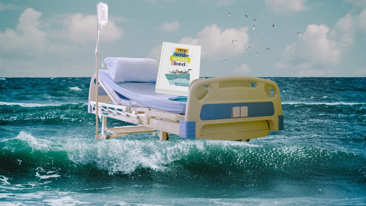 A hospital bed with a book cover for 'My Wide White Bed' floats among waves at sea.