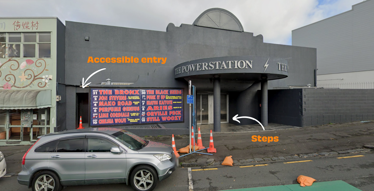 Pictured here is the front of The Powerstation with both the main entrance and the wheelchair entrance pointed out by arrows. 