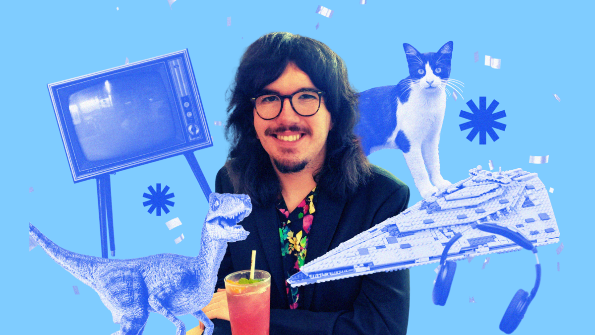 Zach Thompson has long hair and wears glasses. His image is surrounded by graphics of a TV, dinosaur, a cat and lego. 