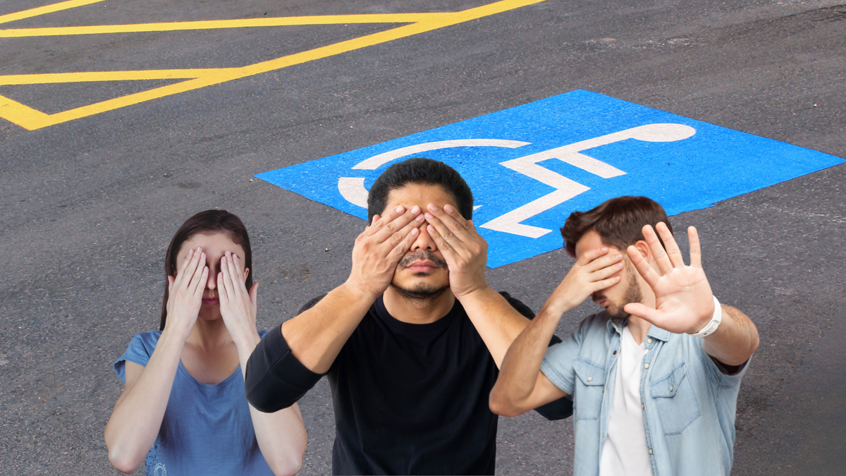 Three people cover their eyes and stand in front of a mobility car park.